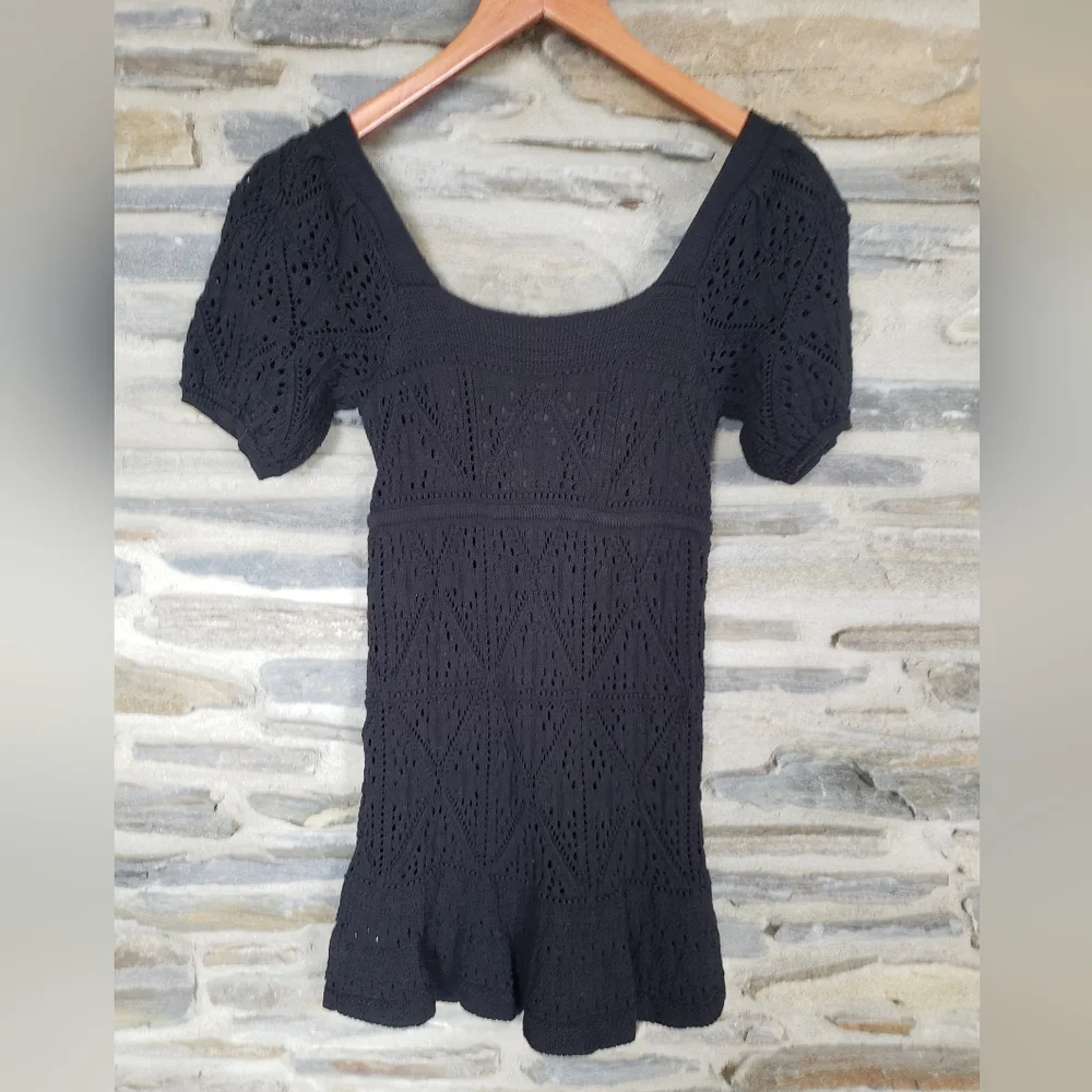 Saltwater Luxe Knit Crochet Style Mini dress Black Small 100% Cotton - Picture 4 of 5